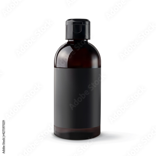 Plastic bottle with empty label 3d realistic vector illustration, isolated. Mockup container for liquid cosmetic product: soap, shampoo, gel, lotion, cleanser.
