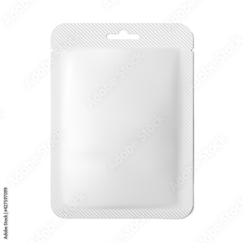 White plastic packaging for facial mask beauty pack on white background. Skincare mockup product 3d realistic vector illustration, isolated