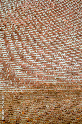 A very large wall of red bricks with some moisture in the lower part.