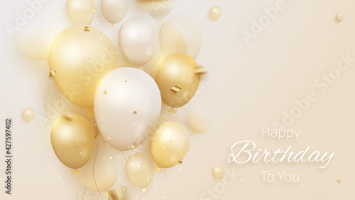 Birthday card with luxury balloons and ribbon 3d style realistic on cream shade background. vector illustration for design.