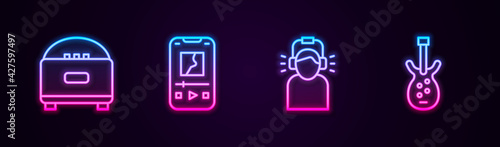 Set line Stereo speaker, Music player, Man in headphones and Electric bass guitar. Glowing neon icon. Vector