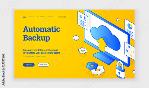 Automatic backup. Isometric vector illustration of computer monitor with cloud storage sign depicted on advertisement banner for automatic backup technology. Web banner, landing page template