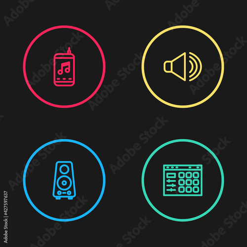 Set line Stereo speaker, Drum machine, Speaker volume and Music player icon. Vector