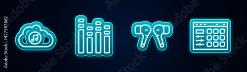 Set line Music streaming service, equalizer, Air headphones and Drum machine. Glowing neon icon. Vector