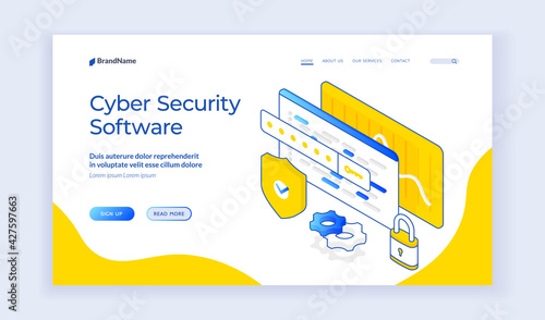 Cyber security software. Isometric icons of shield and protection signs for web page offering information about apps for cyber security. Web banner, landing page template