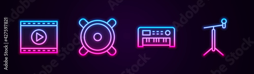 Set line Online play video, Stereo speaker, Music synthesizer and Microphone with stand. Glowing neon icon. Vector