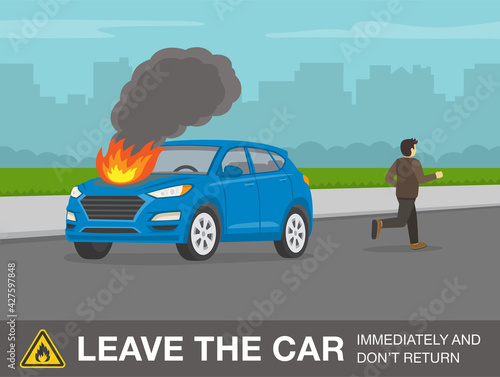 Car fire safety activity. Young driver leavs his suv car and runs away to escape a fire. Flat vector illustration template.