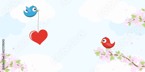 Birds in love on blossom branches
