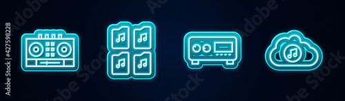 Set line DJ remote and mixing music, Music file document, Guitar amplifier and streaming service. Glowing neon icon. Vector