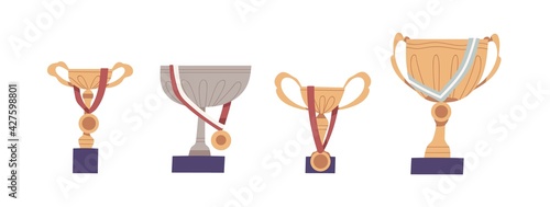 Set of golden and silver cups with gold medals isolated on white background. Winner's prizes, trophies, awards and rewards for sports success and victory. Flat vector illustration of goblets