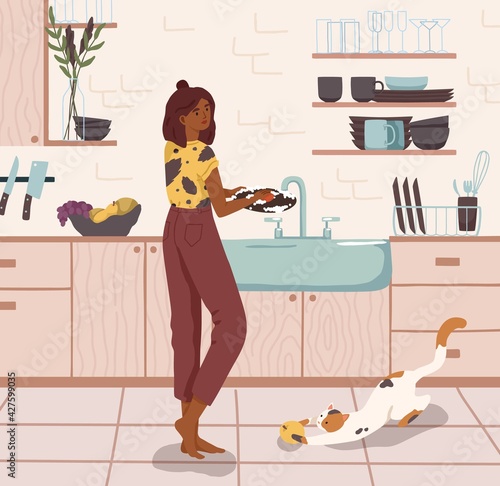 Young woman standing near sink and washing dishes in home kitchen. Daily housework, household chores, domestic lifestyle. Colored flat vector illustration of modern housewife cleaning plates
