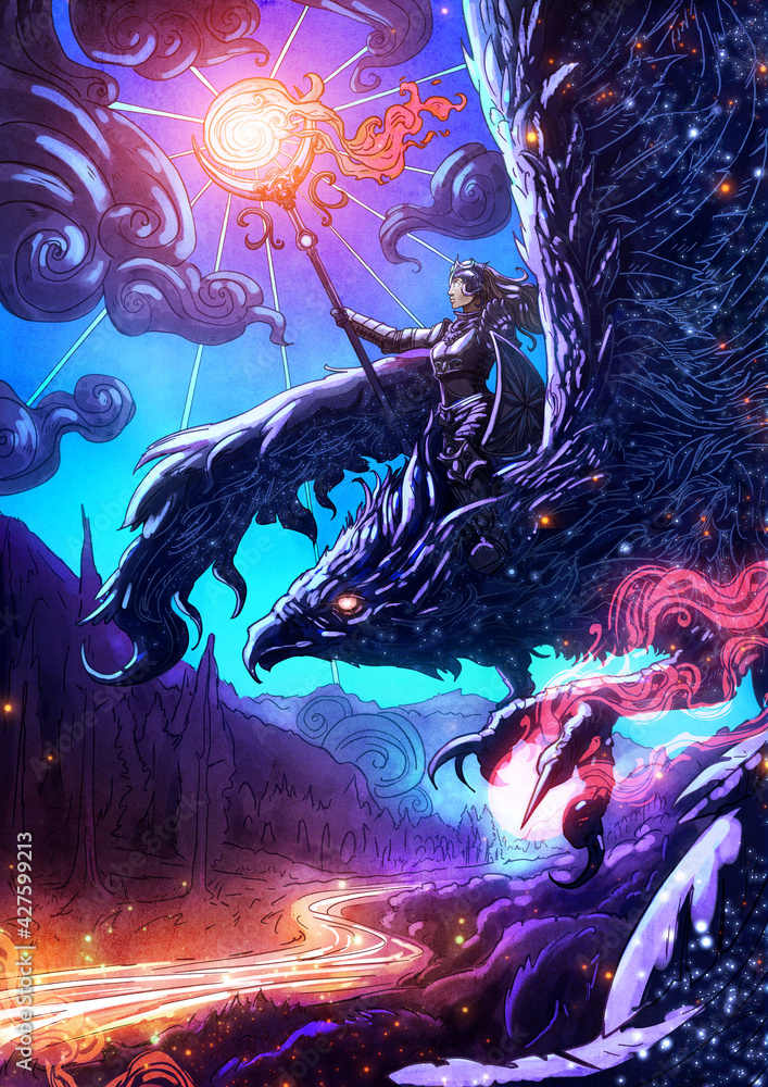 Obraz premium A female mage in plate armor with a magic staff casts a spell and flies astride a beautiful star phoenix against the background of a fantastic forest landscape with a dawn sky and a golden river. 2d 