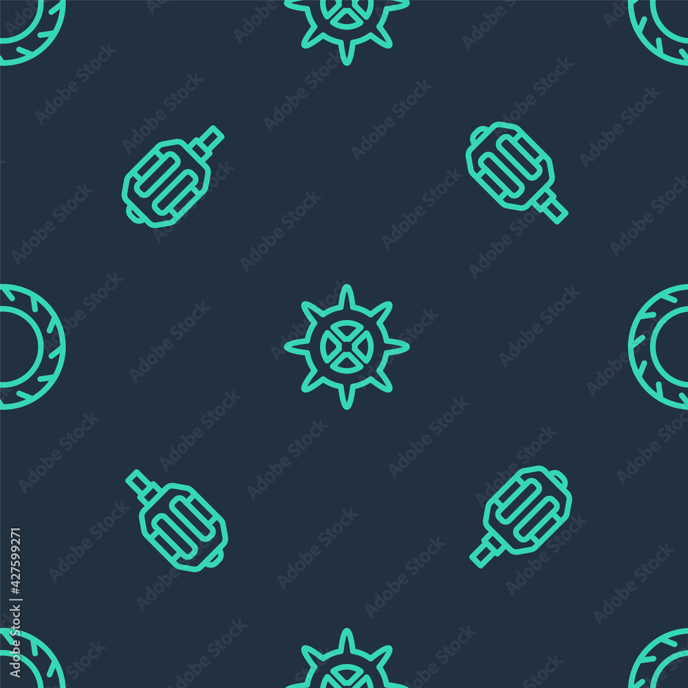 Set line Bicycle sprocket crank, pedal and wheel tire on seamless pattern. Vector Set line Bicycle sprocket crank, pedal and wheel tire on seamless pattern. Vector