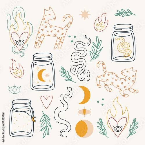 Set of hand drawn abstract elements in modern, trendy colors, taro cards and boho concept, minimalism art.