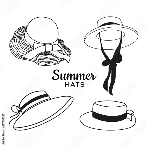 Vector illustration of different types of summer women hats. Doodle outline hats. Set of woman hats. Hand drawn sketch vector. Icon