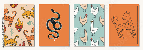 Set of hand drawn abstract elements in modern, trendy colors, taro cards and boho concept, minimalism art.