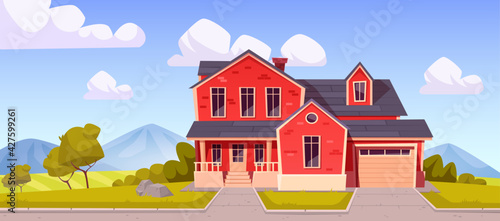 Suburban house, residential cottage, real estate countryside building red brick exterior. Two storey dwelling place with garage. Home facade with green lawn in front yard. Cartoon vector illustration