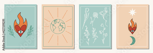 Set of hand drawn abstract elements in modern, trendy colors, taro cards and boho concept, minimalism art.