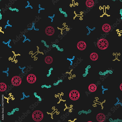Set line Bicycle handlebar, pedals, for kids and wheel on seamless pattern. Vector