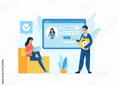 Internet security, personal data protection flat illustration. Male cartoon character holding shield advising to keep safe personal information to woman. Female character login to social media account
