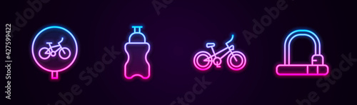 Set line Bicycle, Sport bottle with water, and lock. Glowing neon icon. Vector