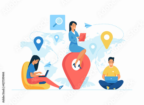Global outsourcing concept flat vector illustration. Remote working. Female cartoon employer managing foreign employees. International recruiting. Global connectivity and team working in business