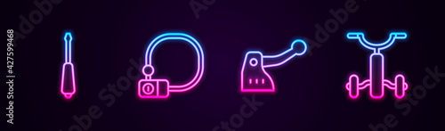 Set line Screwdriver, Bicycle lock, brake and for kids. Glowing neon icon. Vector