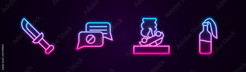 Set line Military knife, Speech bubble chat, Burning car and Cocktail molotov. Glowing neon icon. Vector Set line Military knife, Speech bubble chat, Burning car and Cocktail molotov. Glowing neon icon. Vector