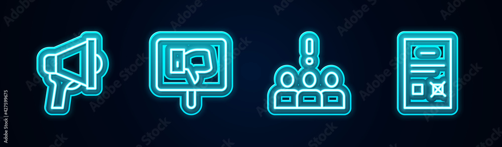 Set line Megaphone, Protest, Crowd protest and Poll document. Glowing neon icon. Vector Set line Megaphone, Protest, Crowd protest and Poll document. Glowing neon icon. Vector