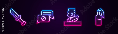 Set line Military knife, Speech bubble chat, Burning car and Cocktail molotov. Glowing neon icon. Vector