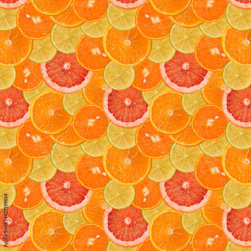 Summer Seamless pattern of juicy Orange grapefruit manadarine tangerine lime Fruit slice. Healthy food lifestile.  fruit juice advertising. Summer rest concept.