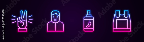 Set line Hand showing two finger, Censor freedom of speech, Pepper spray and Bulletproof vest. Glowing neon icon. Vector