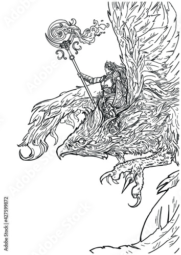 Coloring book for adults A female magician in plate armor with a magic staff casts a spell and flies astride a beautiful phoenix with sharp claws and feathers. 2d illustration
