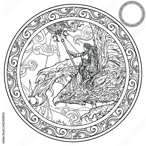 Coloring book for adults A female magician in plate armor with a magic staff casts a spell and flies astride a beautiful phoenix with sharp claws and feathers. 2d illustration