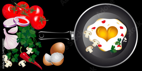 Bannière ou fond de hotte avec une illustration 3D colorée d’une poêle avec un œuf sur le plat en forme de cœur et accompagné de divers ingrédients.