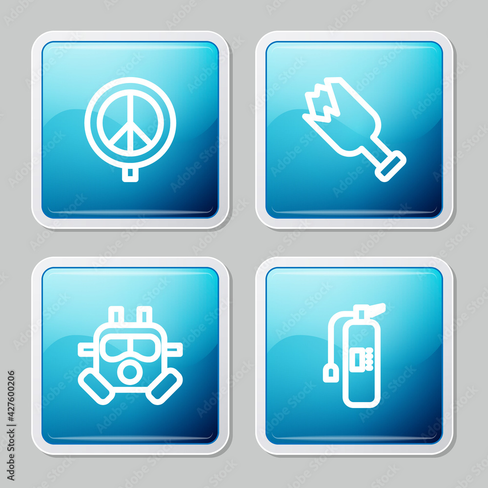 Fototapeta premium Set line Peace, Broken bottle as weapon, Gas mask and Fire extinguisher icon. Vector