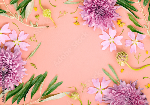 Summer flowers and berries simple pattern. Romantic floral banner or background with copy space. Composition in a pink pastel style for old fashioned greeting card or invitation.