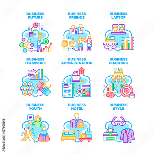 Business Relation Set Icons Vector Illustrations. Business Youth Friends And Teamwork, Future Style And Hotel Administration, Coaching And Laptop Digital Device. Color Illustrations