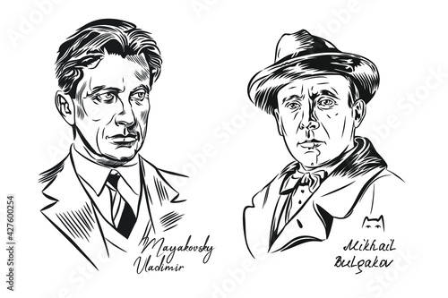 Black-and-white portraits of the writers Bulgakov and Mayakovsky. Vector graphics.