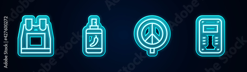 Set line Bulletproof vest, Pepper spray, Peace and Police assault shield. Glowing neon icon. Vector