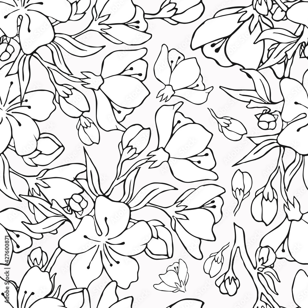 Fototapeta premium Seamless background with cherry blossoms. Vector illustration. Contour image. Stock vector. Cherry. Floral print. White background.