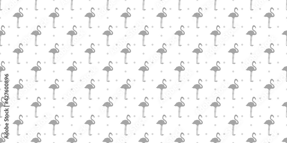 Seamless texture with flamingos and dots. Abstract birds. Polka pattern for design. Dotted background. Black and white illustration