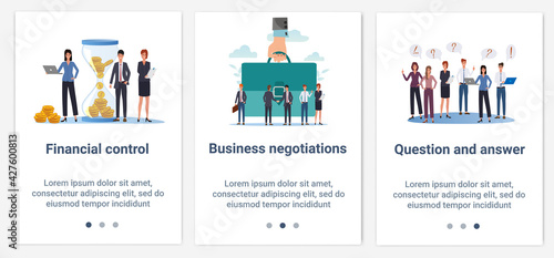 Modern flat illustrations in the form of a slider for web design. A set of UI and UX interfaces for the user interface.Topic Financial control, business negotiations, question and answer.