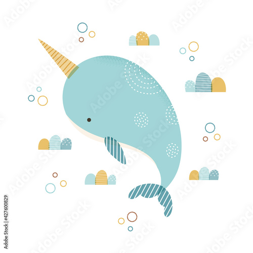 Vector illustration of cute narwhal. Cartoon style narwhal with whimsical waves and bubbles. Isolated on white background.