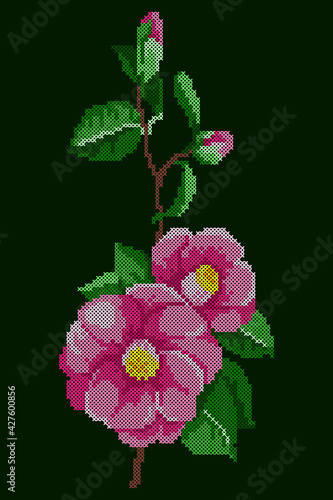 vector art embroidery pink camellia
