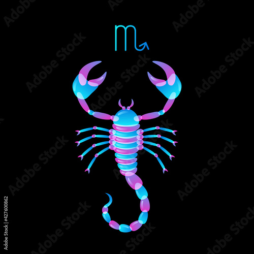 Zodiac sign scorpio neon on black background, horoscope. Stock vector illustration.
