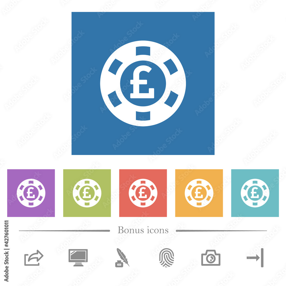 Pound casino chip flat white icons in square backgrounds