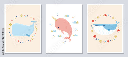Set of whale and narwhal vector illustrations in pastel colors. Cute cartoon style whales and narwhal. For nursery decor, posters, banners, greeting cards, and more.