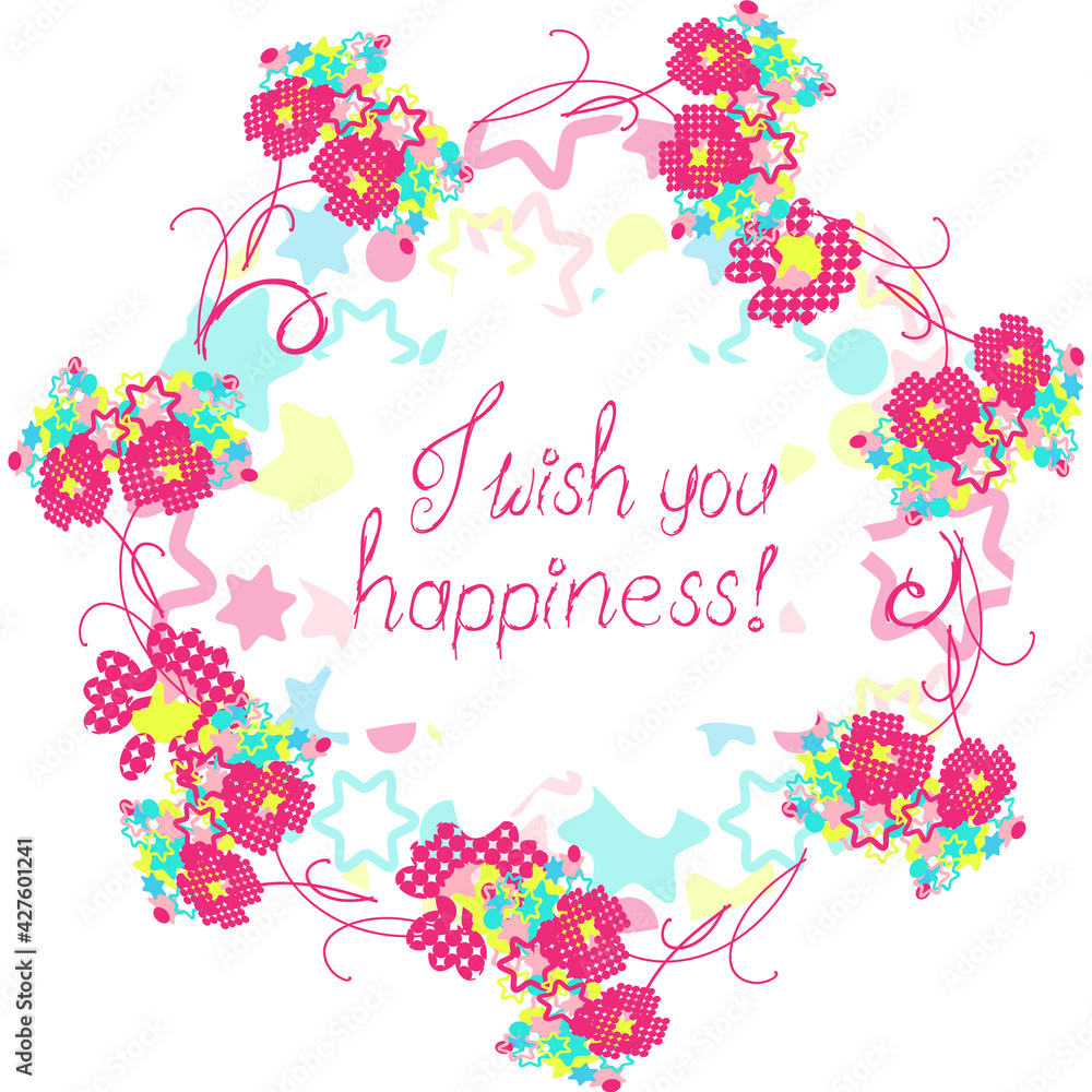 I wish you happiness! The inscription in the center of a colorful wreath of red flowers. Doodles, 2d graphics, flat illustration. For decorating postcards.Birthday, wedding, holidays. I wish you happiness! The inscription in the center of a colorful wreath of red flowers. Doodles, 2d graphics, flat illustration. For decorating postcards.Birthday, wedding, holidays.