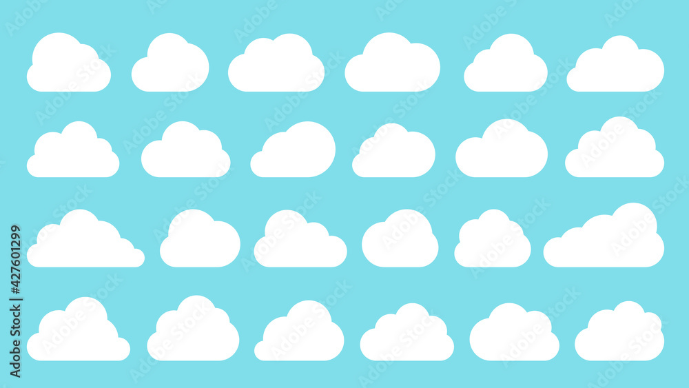 Fototapeta premium Clouds white flat icon set isolated on blue sky. Different shape cloud abstract web banner template outline cartoon speech bubble symbol. Digital internet network data technology business concept sign
